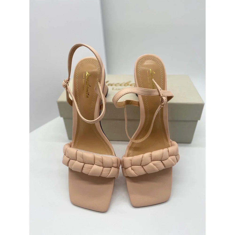 Lucibenita Nude Braided Square Toe Block Heel Sandals Ankle Strap Size 9.5 NEW